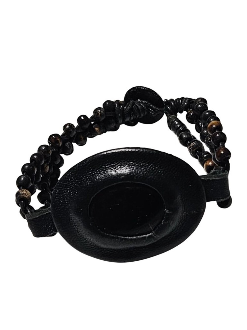 Bold Beaded Macrame Bracelet Leather Oval Centerpiece Rustic Fashion Jewelry Men